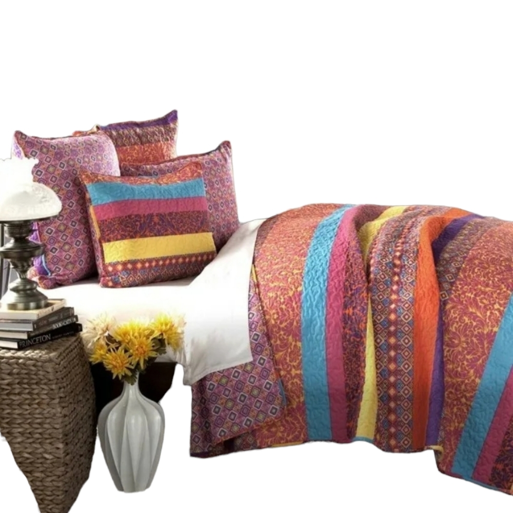 NEW Lush Decor 3 Piece Boho Stripe Quilt Set Full Queen Colorful Bedspread